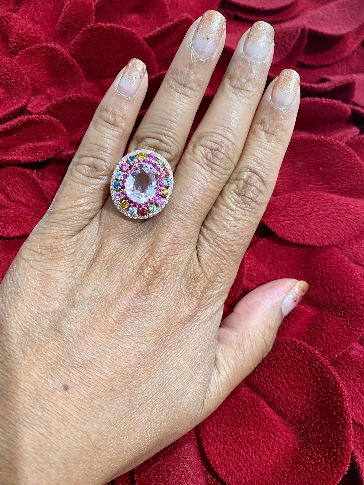 Pink Morganite Diamond Sapphire Rose Gold Cocktail Ring 3