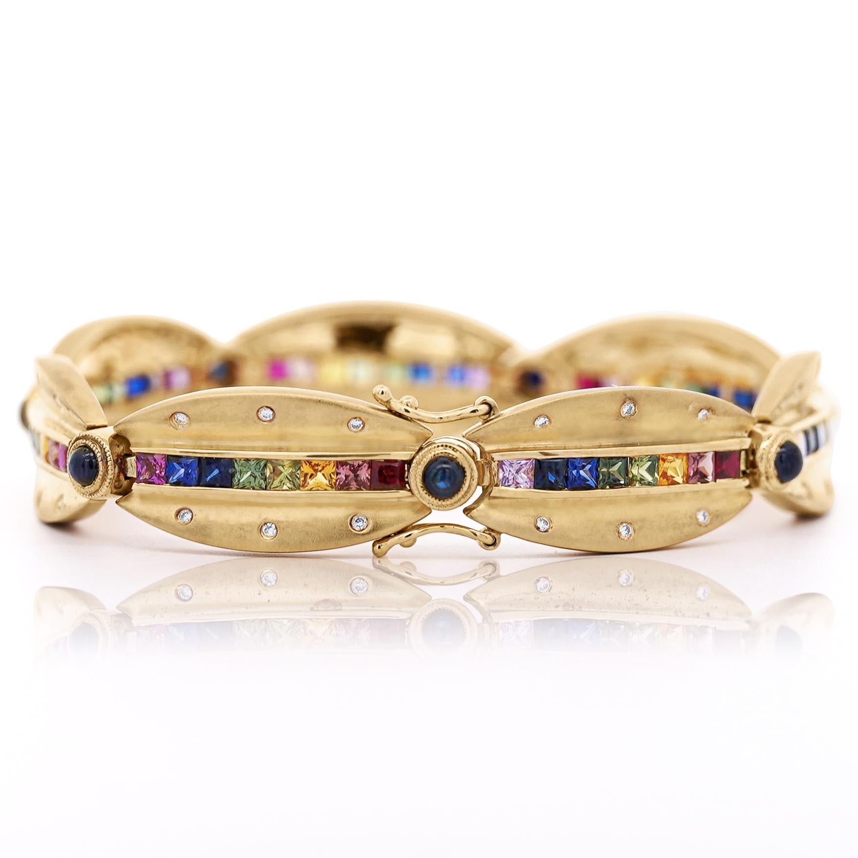 6,25 Karat Regenbogen-Saphir & Diamant 18K Gold Mattes Gliederarmband Damen im Angebot