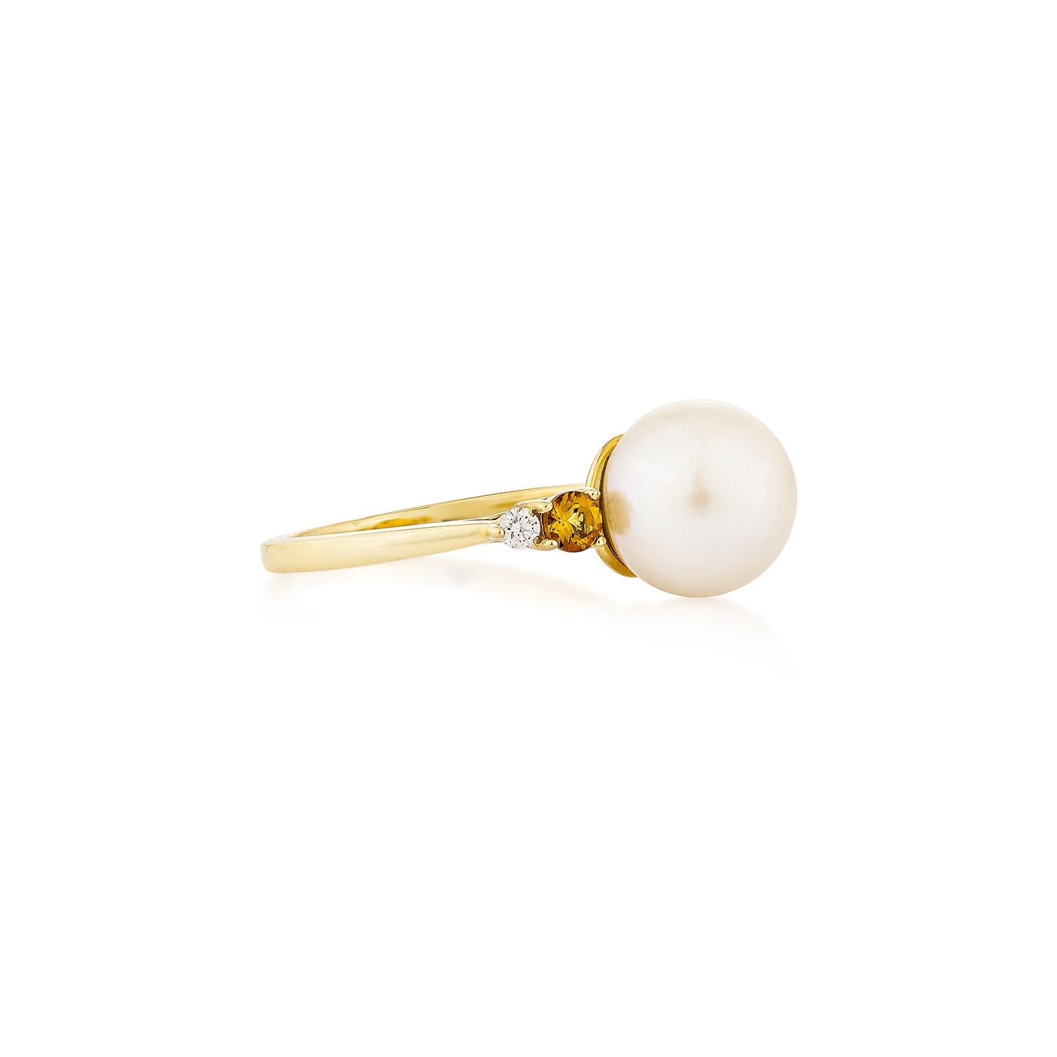 Presented A lovely White pearl and Citrine Fancy Ring is perfect for people who value quality and want to wear it to any occasion or celebration. The yellow gold White pearl ring adorned with Citrine and White diamond offer a classic yet elegant