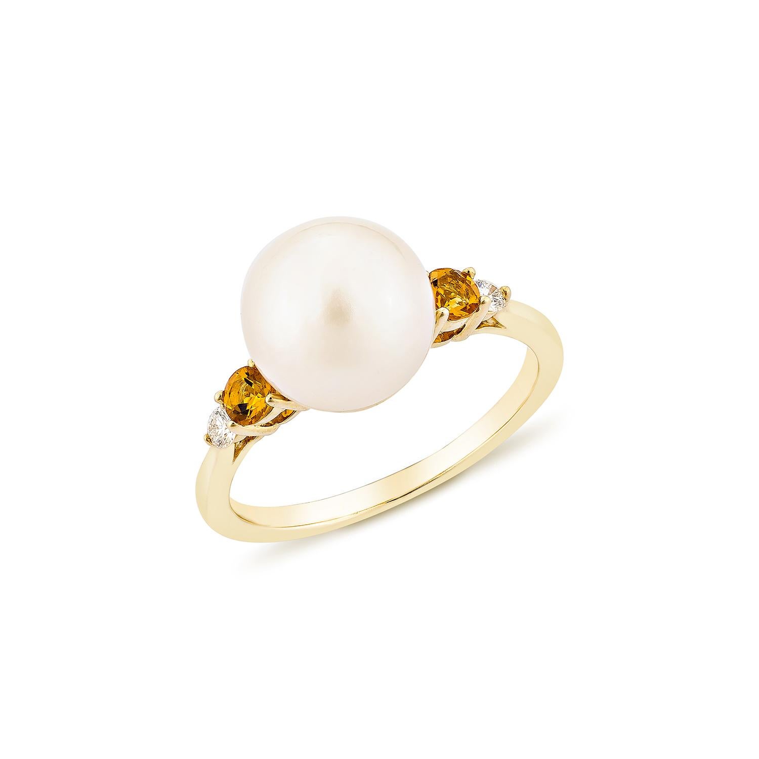 Contemporary 6.25 Carat White Pearl Fancy Ring in 14KYG with citrine and White Diamond. For Sale
