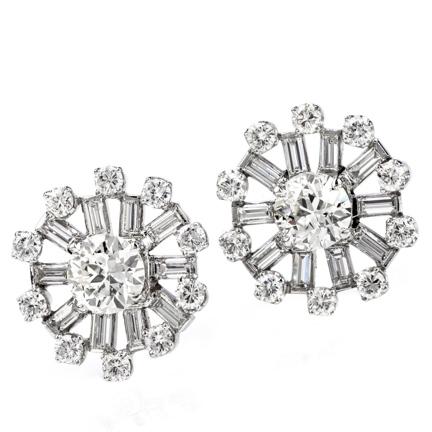 What a Joyfull moment On a Ferris wheel Ride!

 With a Ferris Wheel inspired design these Vintage earrings were carefully crafted in Platinum including their Screw Backs for pierced ears. 

Their two Center European Cut 3.15 carat in total , I