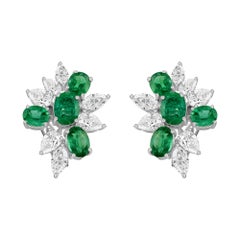 6.25 ct Natural Oval Emerald and Diamond Leaf Cluster Earrings, 18K White Gold