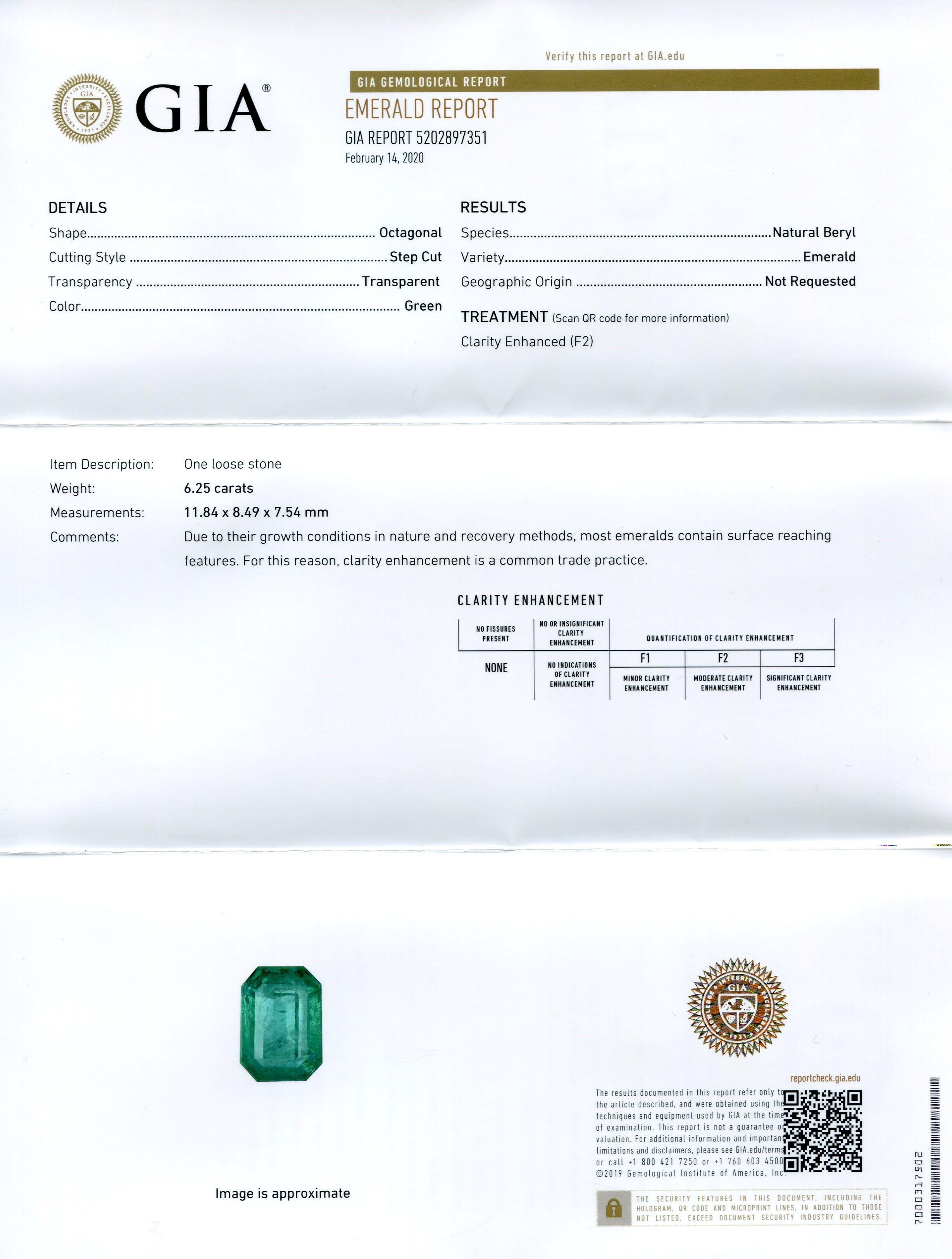 This is a stunning GIA Certified Emerald 

The GIA report reads as follows:

GIA Report Number: 5202897351
Shape: Octagonal
Cutting Style: Step Cut
Cutting Style: Crown:  
Cutting Style: Pavilion: 
Transparency: Transparent
Color: