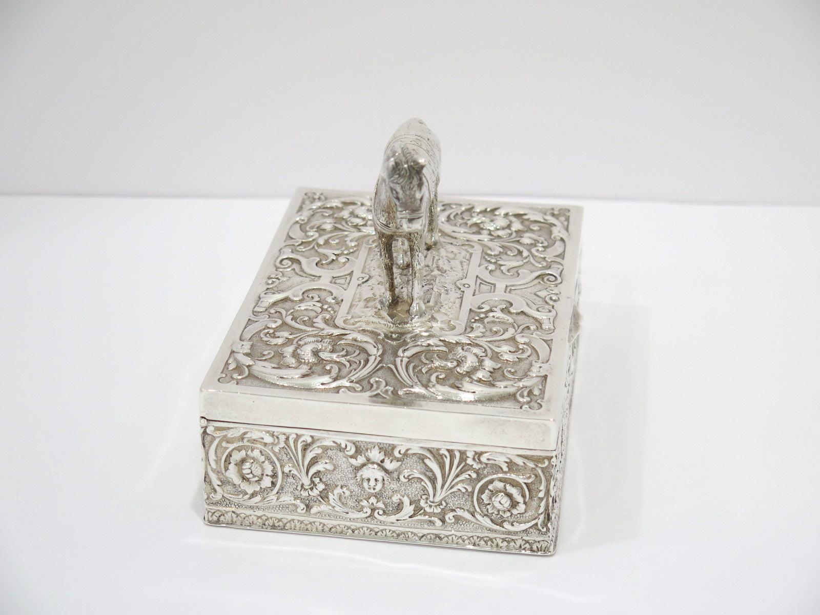 European Silver Gilt Interior Antique German Floral Horse Figure Box In Good Condition In Brooklyn, NY