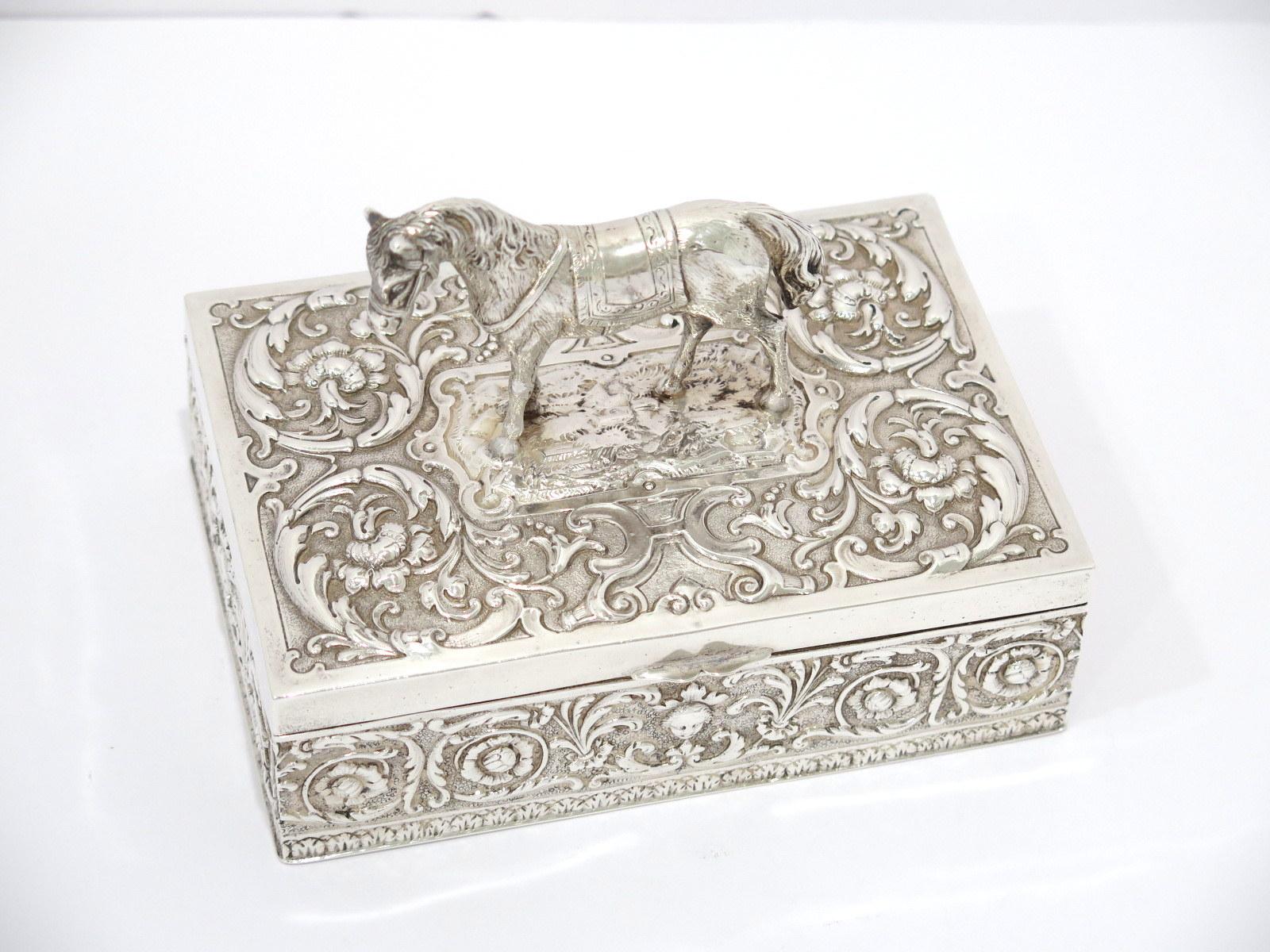 European Silver Gilt Interior Antique German Floral Horse Figure Box 3