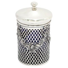 Sterling Silver Blue Glass Antique American Floral Garlands Jar