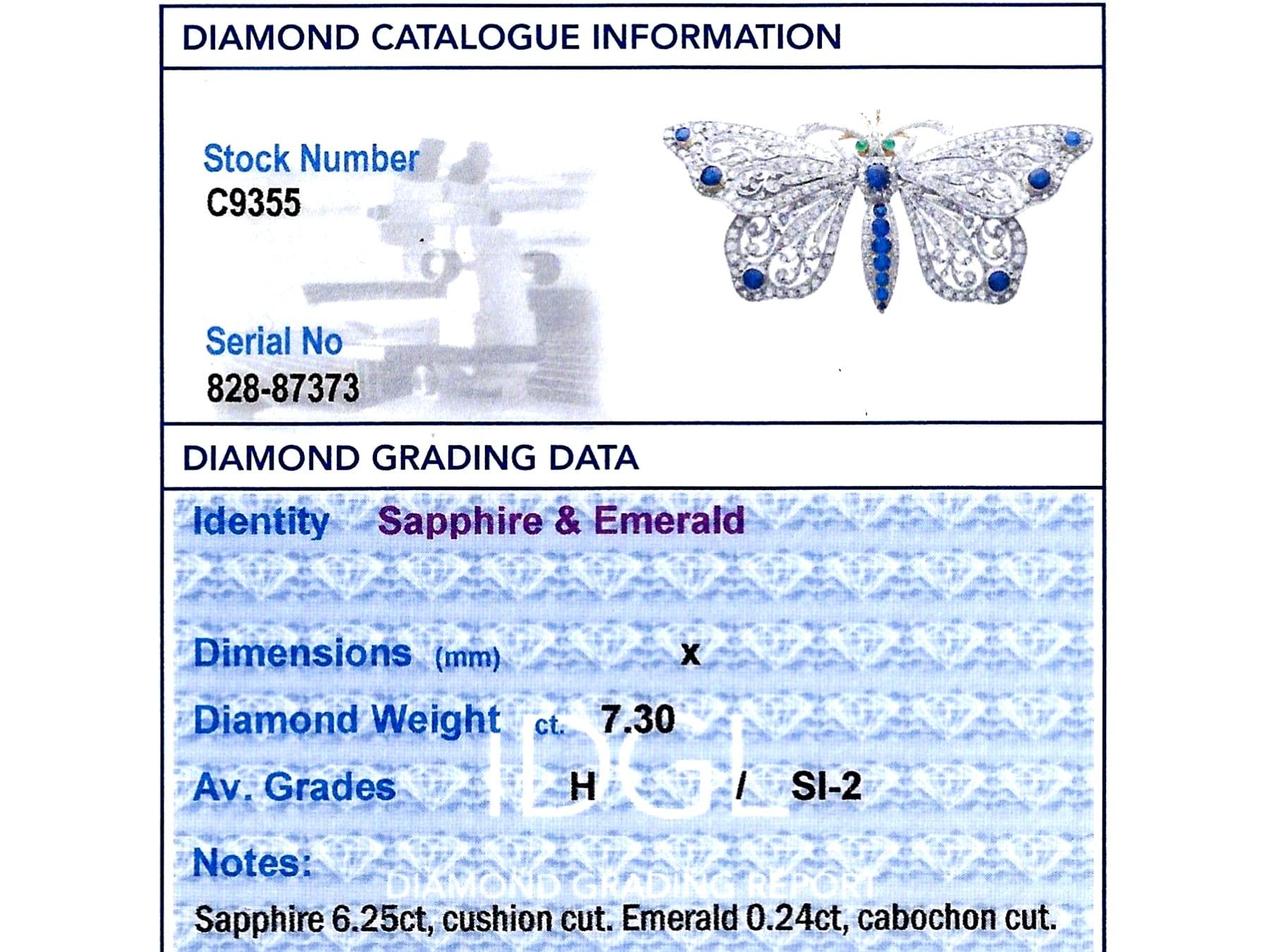 6.25ct Basaltic Sapphire, 0.24ct Emerald 7.30ct Diamond, 15k Yellow Gold Brooch For Sale 6