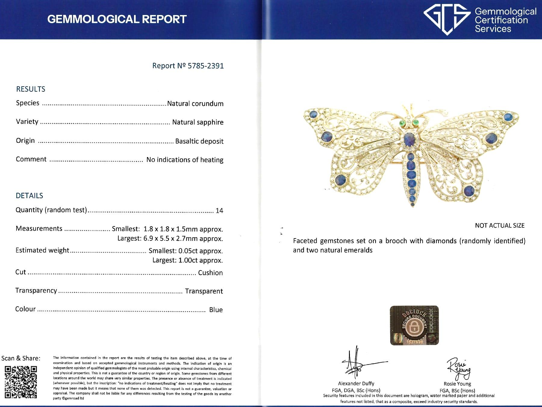 6.25ct Basaltic Sapphire, 0.24ct Emerald 7.30ct Diamond, 15k Yellow Gold Brooch For Sale 7