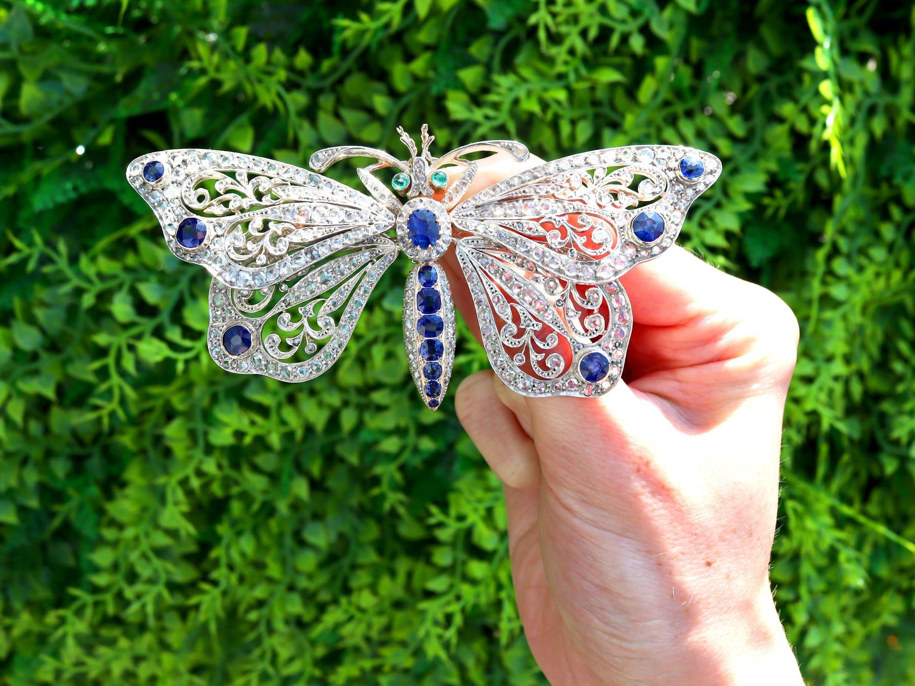 A magnificent, fine and impressive, large antique 6.25 carat Basaltic sapphire, 0.24 carat emerald and 7.30 carat diamond, 15 karat yellow gold and silver set butterfly brooch; part of our butterfly jewelry collections.

This magnificent, fine and