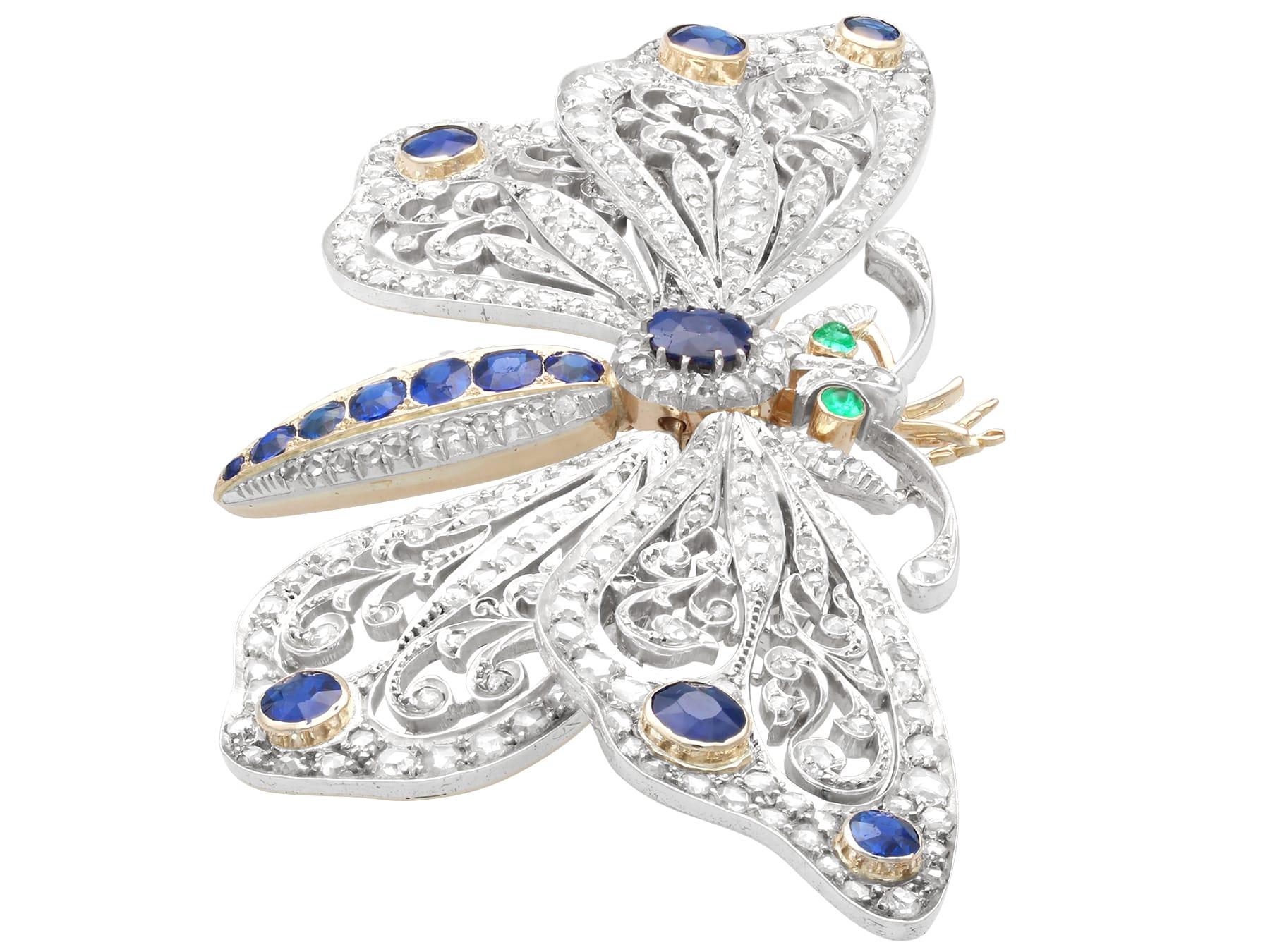 Women's or Men's 6.25ct Basaltic Sapphire, 0.24ct Emerald 7.30ct Diamond, 15k Yellow Gold Brooch For Sale