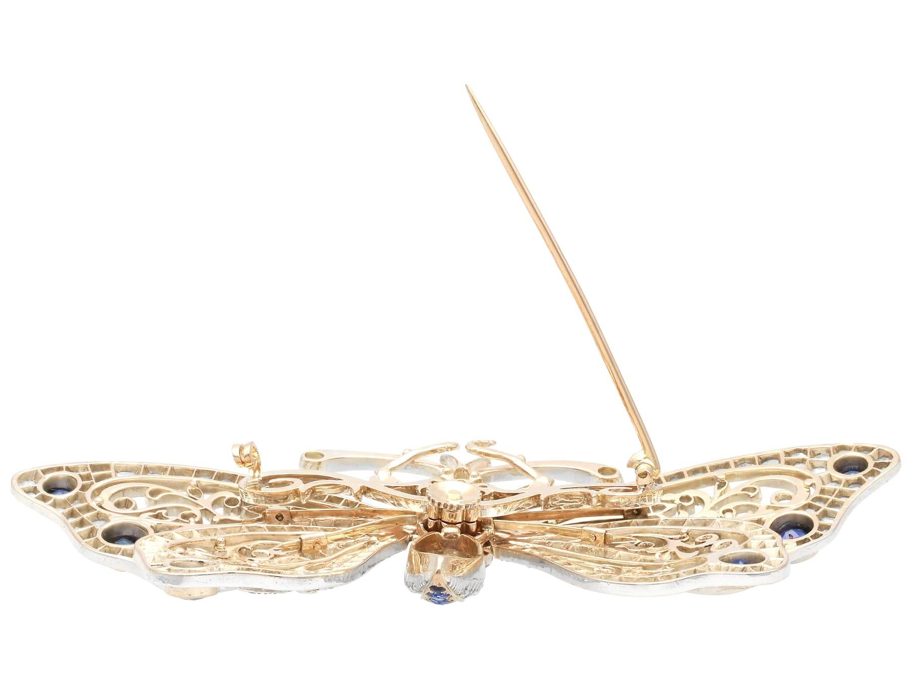 6.25ct Basaltic Sapphire, 0.24ct Emerald 7.30ct Diamond, 15k Yellow Gold Brooch For Sale 3