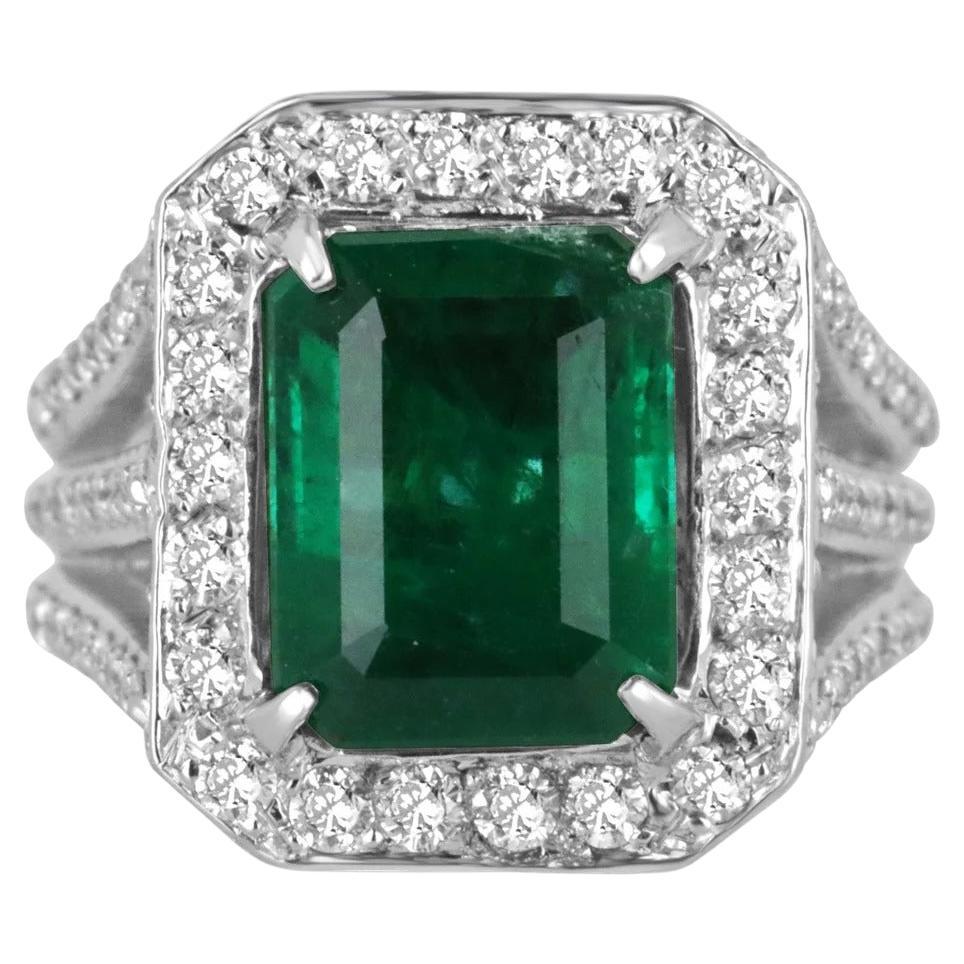 6.25tcw Fine Quality Dark Green Emerald Cut Emerald & Diamond Accent Cocktail Ri For Sale