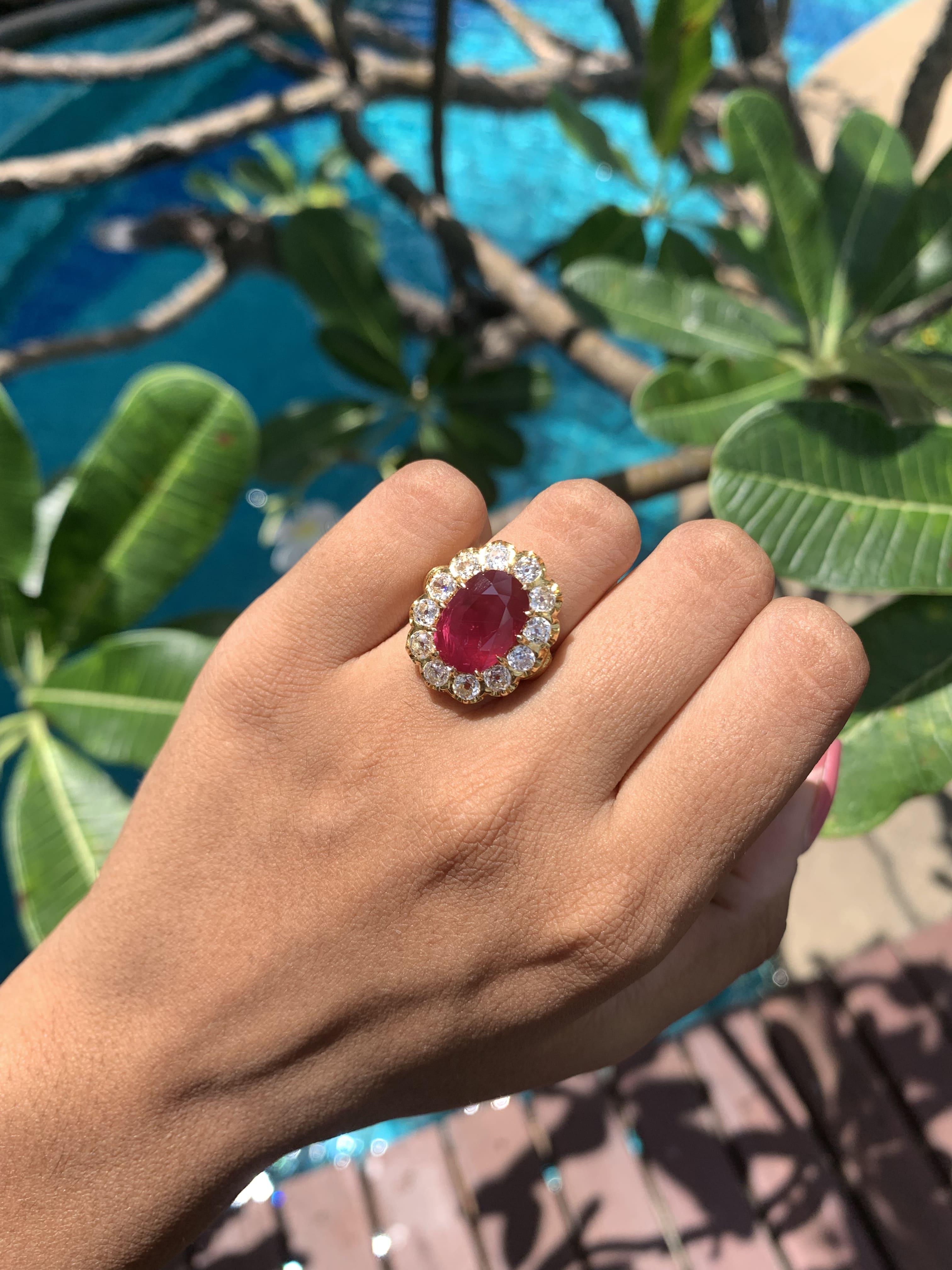 GIA cert No-Heat 6.26 Carat Mozambique Ruby Art Deco Ring in 18k Yellow Gold For Sale 9