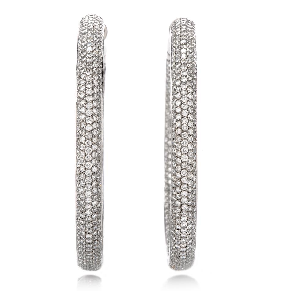 Channel your inner celebrity with these trending 8.26-Carat Diamond Round Cut Pave Set Large 18K White Gold Inside Out Hoop Earrings!  This large style of diamond pave earrings can be seen on famous icons such as Jennifer Lopez, Kendall Jenner, and