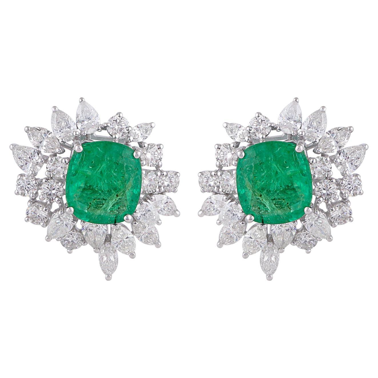 6.26 Carat Emerald 4.70 Carat Diamond 14 Karat Gold Cluster Stud Earrings For Sale