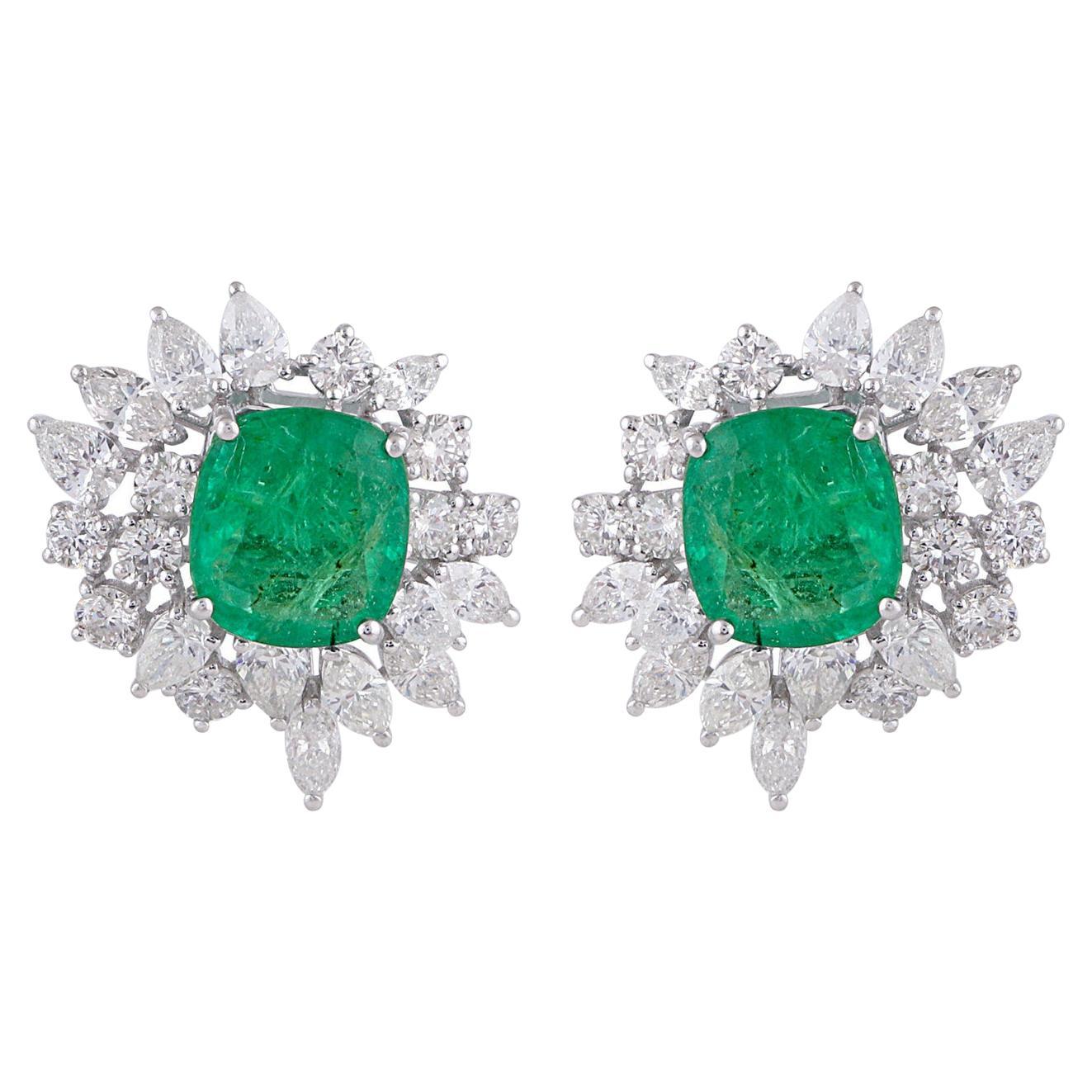 6.26 Carat Emerald 4.70 Carat Diamond 14 Karat Gold Cluster Stud Earrings