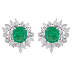 6.26 Carat Emerald 4.70 Carat Diamond 14 Karat Gold Cluster Stud Earrings
