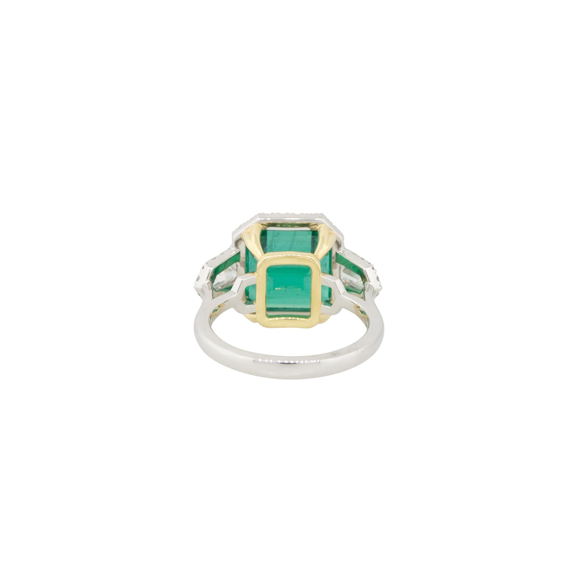 Women's 6.26 Carat Emerald and Diamond Halo Ring Platinum and 18 Karat In Stock For Sale