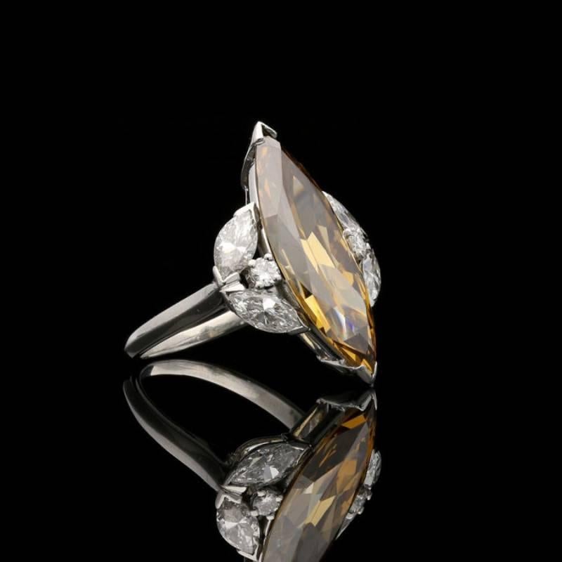 Marquise Cut 6.26 Carat Fancy Colored Marquise Diamond Ring with Diamond-Set Shoulders