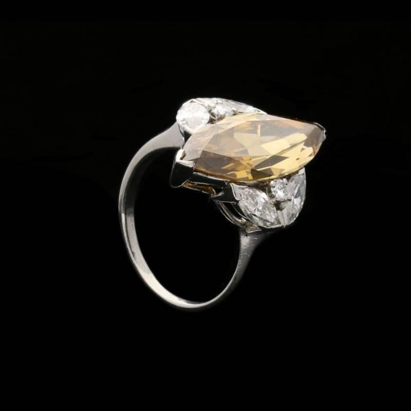 6.26 Carat Fancy Colored Marquise Diamond Ring with Diamond-Set Shoulders In Good Condition In London, GB