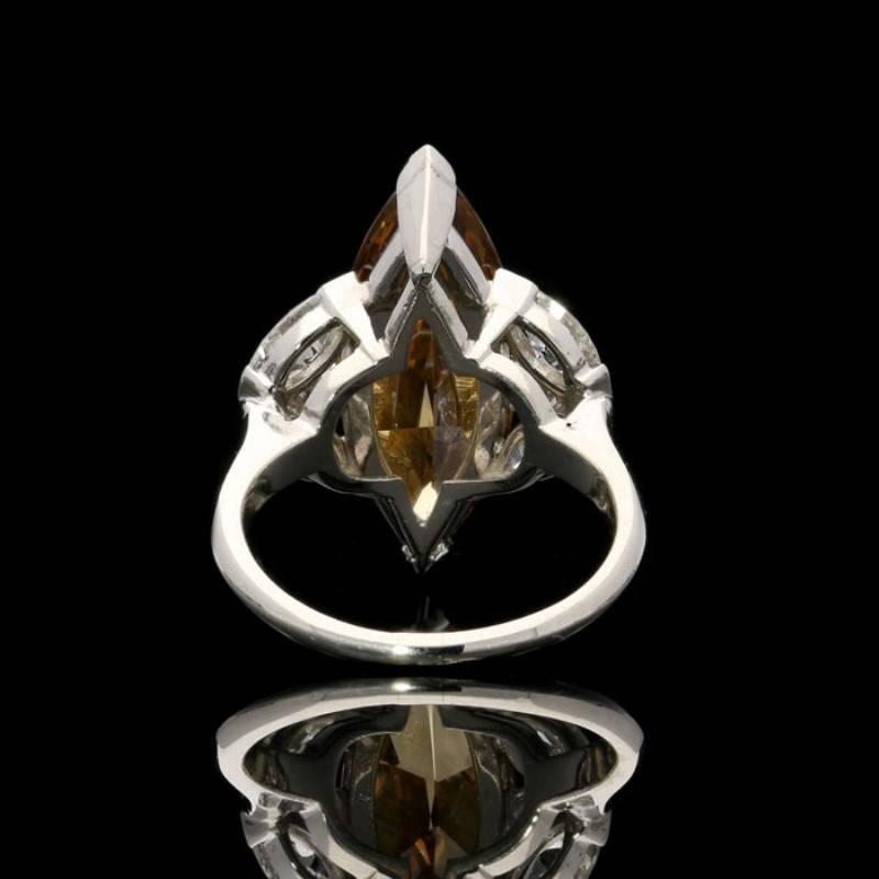 Women's or Men's 6.26 Carat Fancy Colored Marquise Diamond Ring with Diamond-Set Shoulders