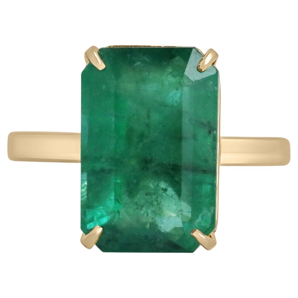 6.26 Carat Large Elongated Emerald Cut Emerald Solitaire Engagement Ring 14K