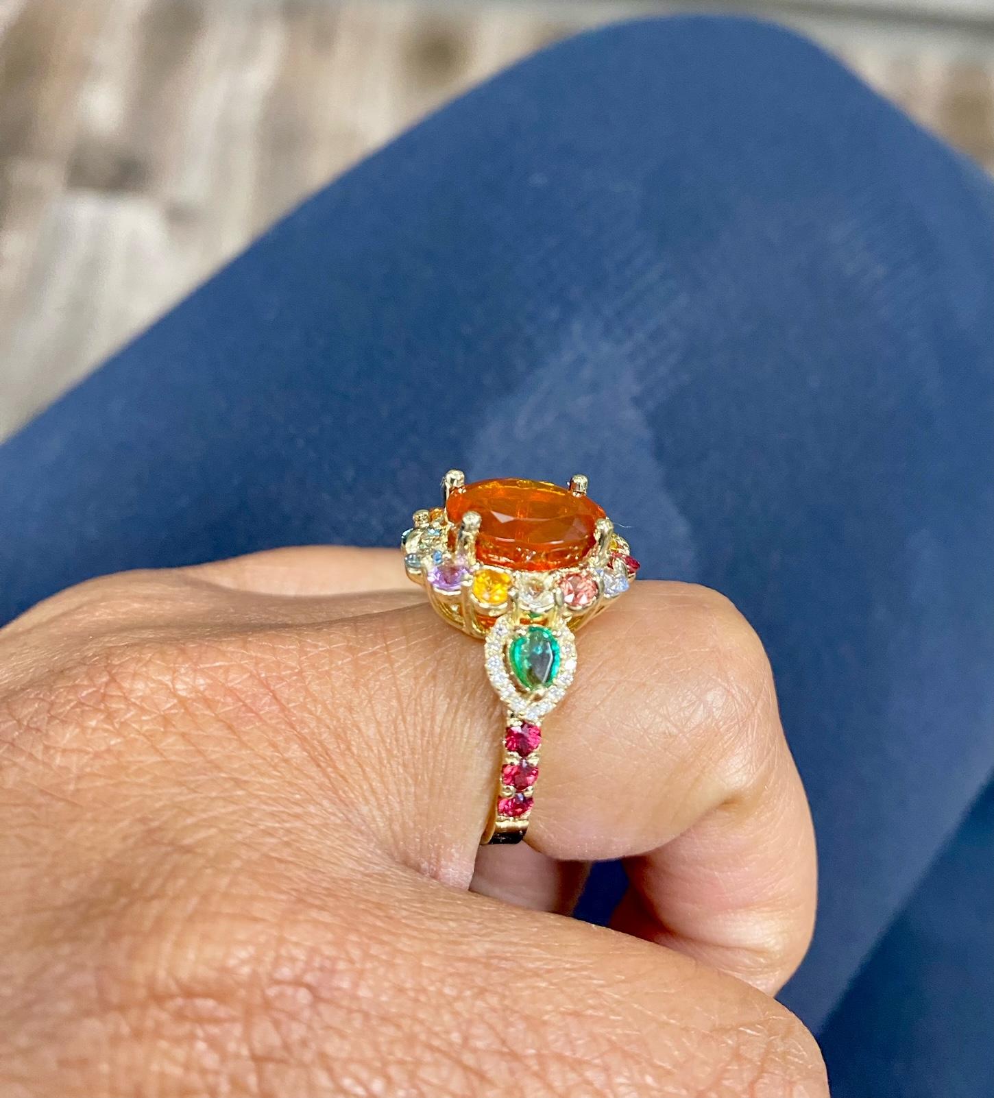 6.26 Carat Natural Fire Opal Sapphire Diamond Yellow Gold Cocktail Ring In New Condition For Sale In Los Angeles, CA