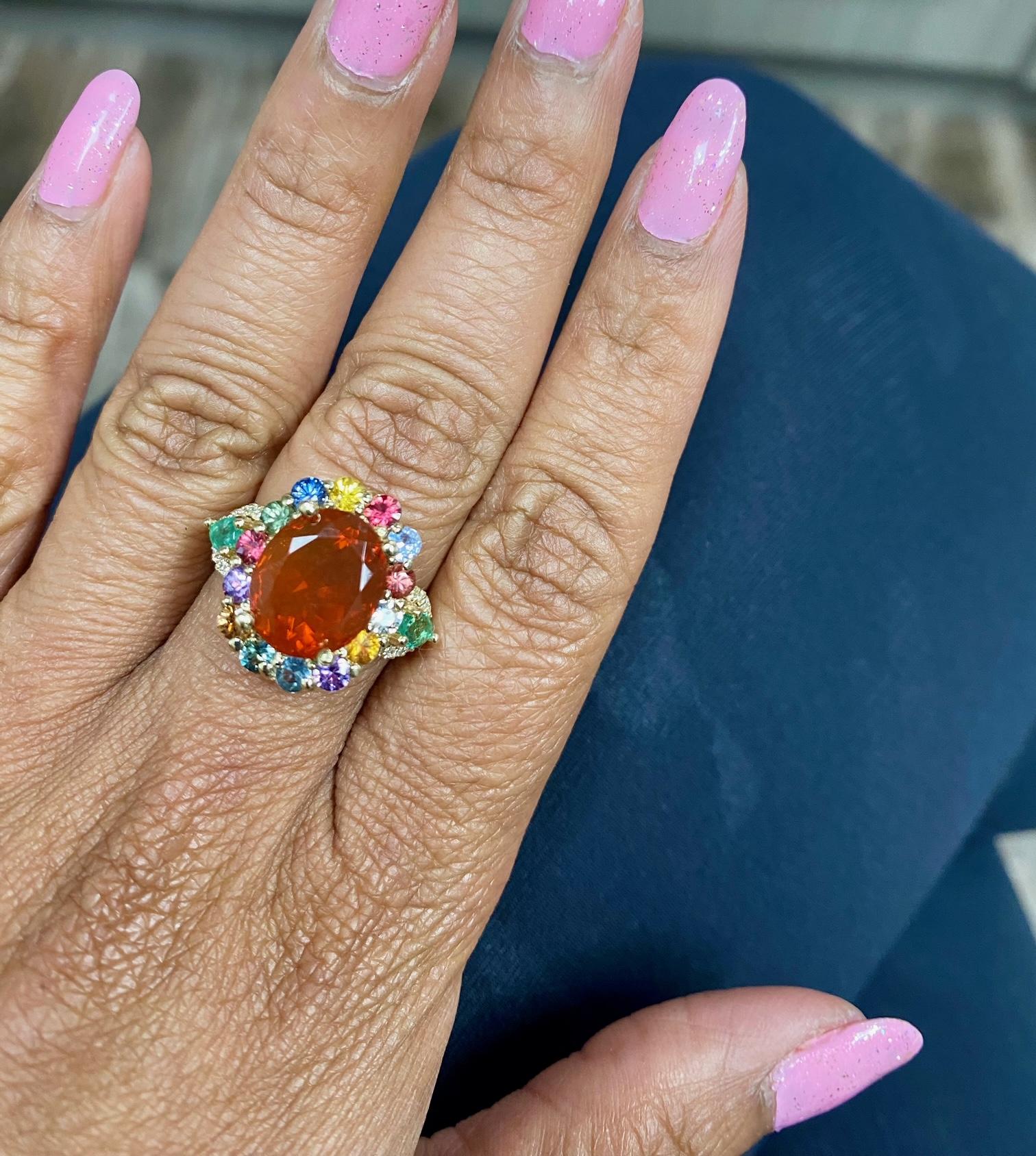 Women's 6.26 Carat Natural Fire Opal Sapphire Diamond Yellow Gold Cocktail Ring For Sale