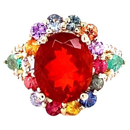 6.26 Carat Natural Fire Opal Sapphire Diamond Yellow Gold Cocktail Ring For Sale