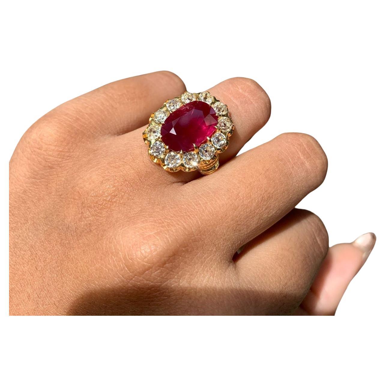Oval Cut 6.26 Carat No-Heat Ruby Old Mine Cut Diamonds 18K Yellow Gold Ring For Sale