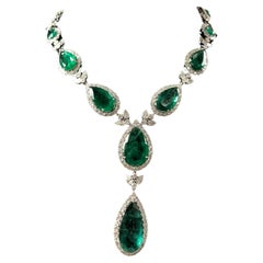 62.6 Carat Zambian Emerald 20.49 Carat SI/H Diamond Necklace 18 Karat White Gold