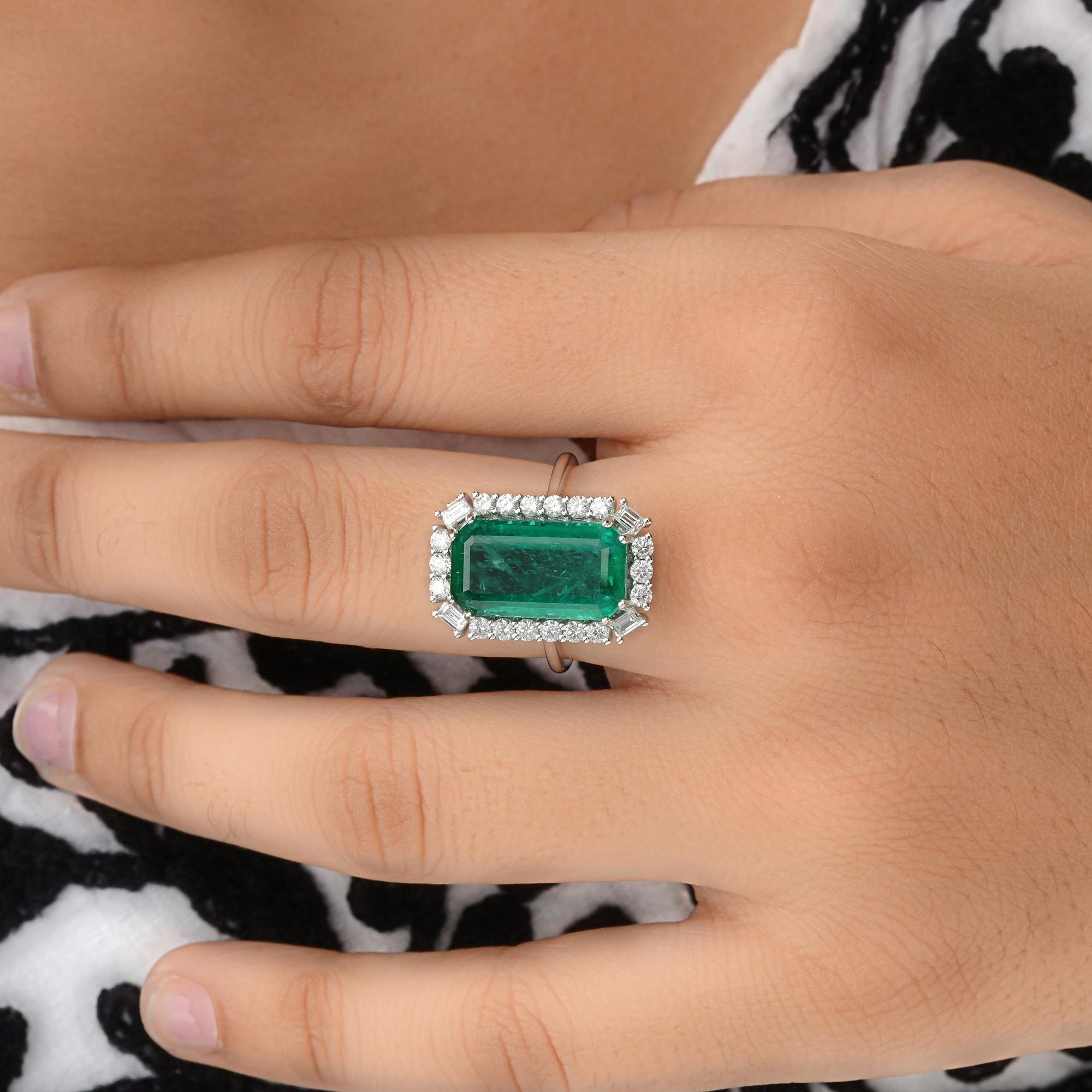 Emerald Cut 6.26 Ct. Zambian Emerald Cocktail Ring 0.86 Ct. SI/H Diamond 14 Karat White Gold For Sale