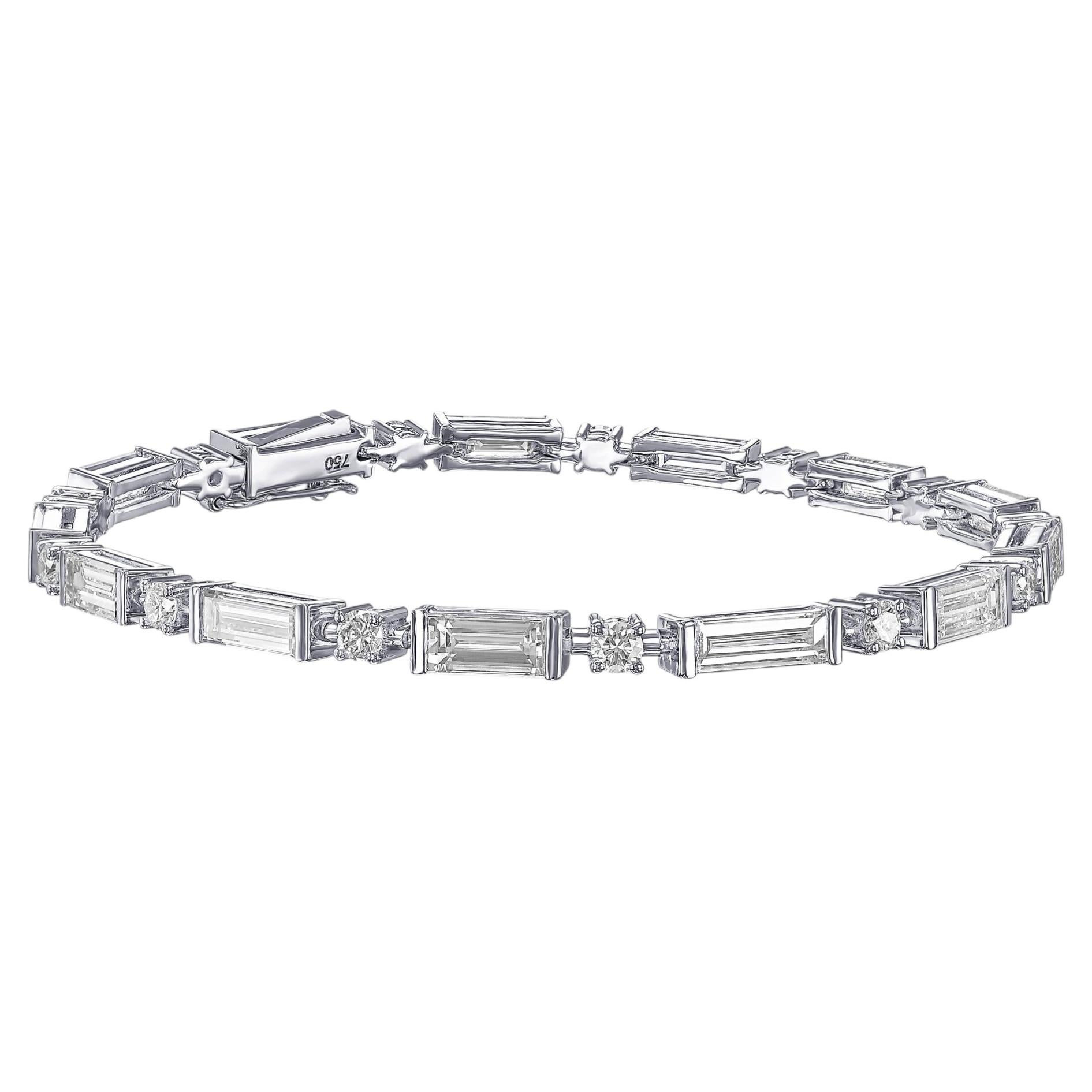 6.26 tcw Baguette Natural Diamond in 18k White Gold Tennis Bracelet For Sale