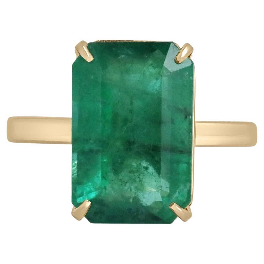 6.26ct 18K Large Dark Mossy Green Emerald Cut Emerald 4 Prong Solitaire Ring For Sale