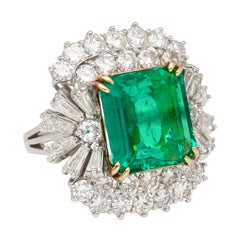 6.26CT Emerald Cut Emerald with Baguette & Round Cut Diamond Side Stone Ring