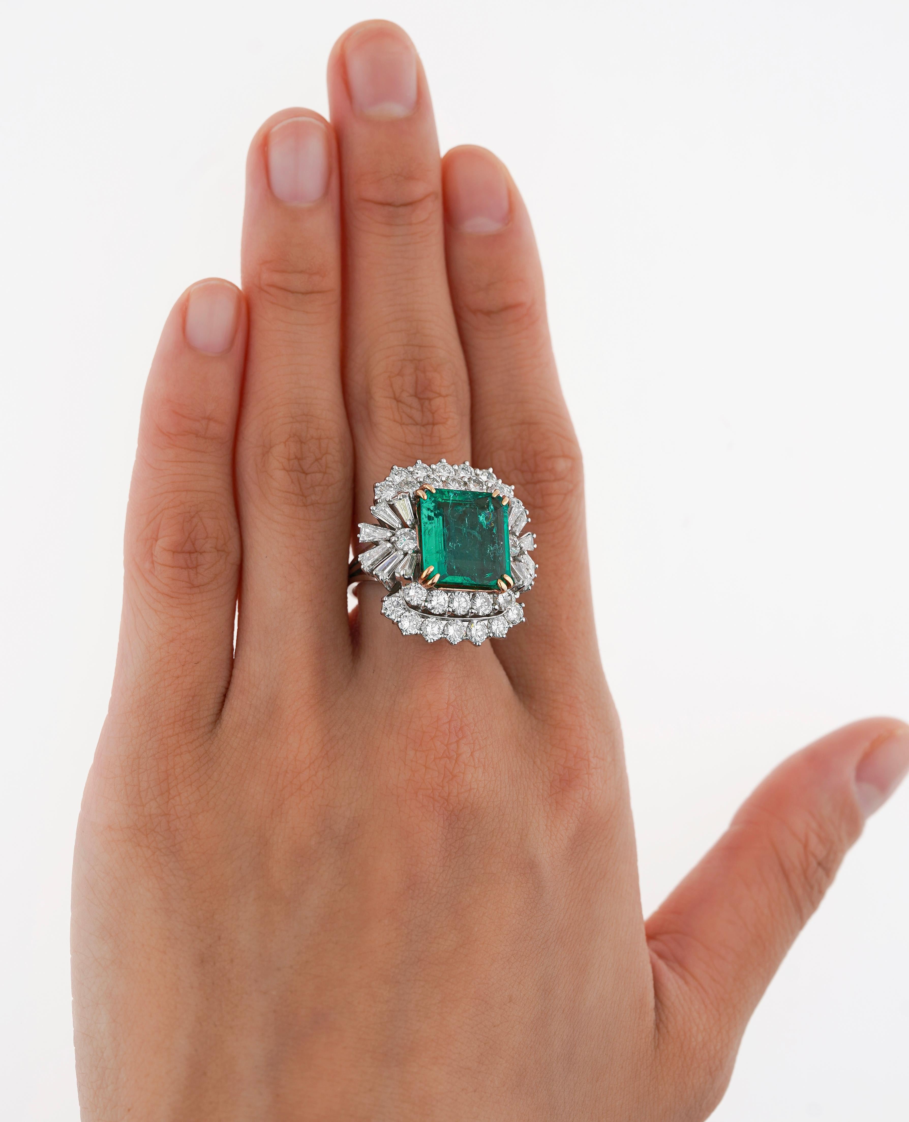 6.26CT Emerald Cut Emerald with Baguette & Round Cut Diamond Side Stone Ring For Sale 4