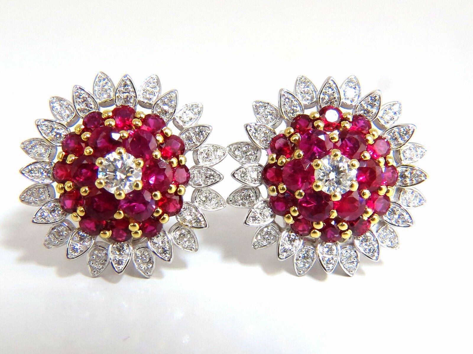 Women's or Men's 6.26ct Natural Vivid Red Ruby Diamond Domed Cluster Clip Earrings 18kt For Sale