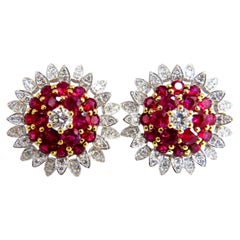 6.26ct Natural Vivid Red Ruby Diamond Domed Cluster Clip Earrings 18kt*