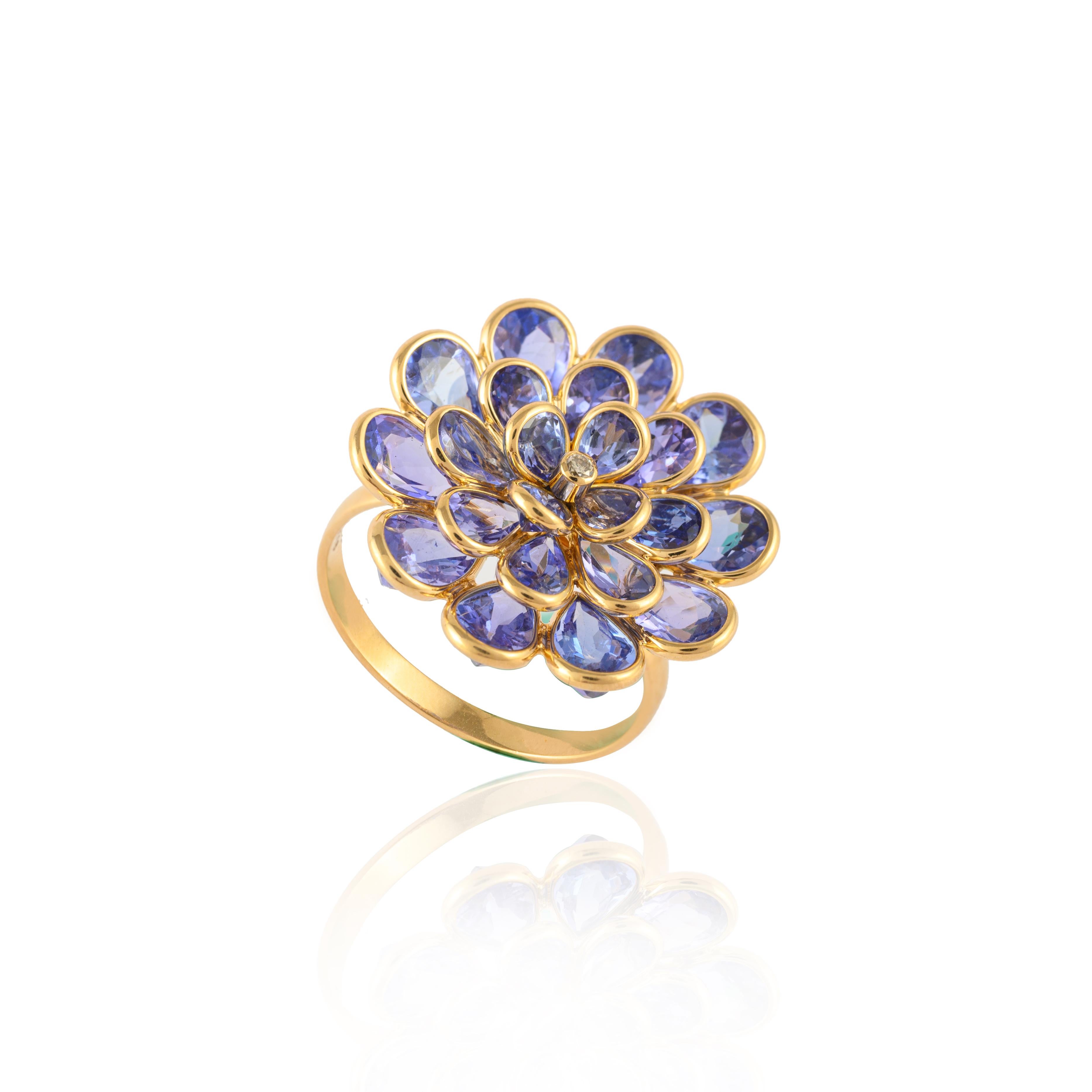 For Sale:  6.26ct Tanzanite Flower Ring with Diamond in 18k Solid Yellow Gold 11