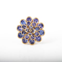 6.26ct Tanzanite Flower Ring with Diamond in 18k Solid Yellow Gold