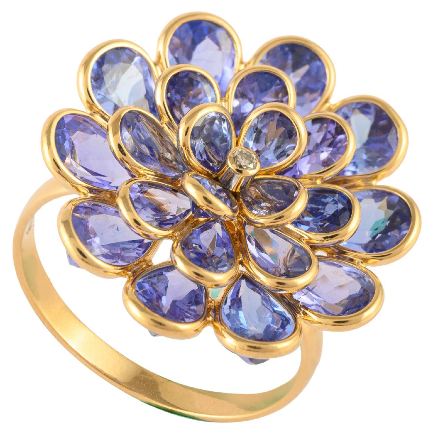 For Sale:  6.26ct Tanzanite Flower Ring with Diamond in 18k Solid Yellow Gold