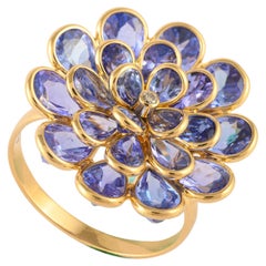 6.26ct Tanzanite Flower Ring with Diamond in 18k Solid Yellow Gold