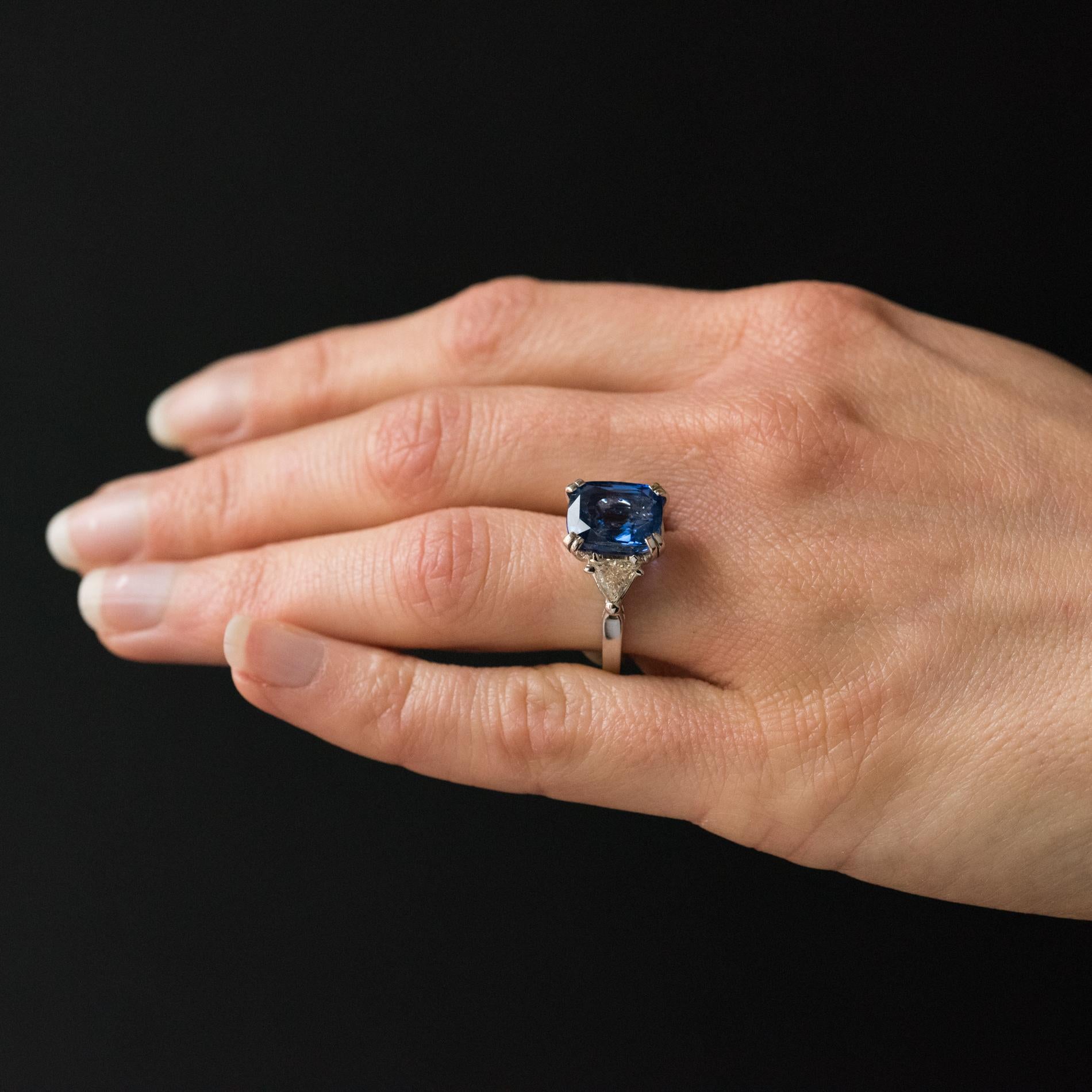Women's 6.27 Carat Cushion Sapphire Trillion Cut Diamond Gold Ring For Sale