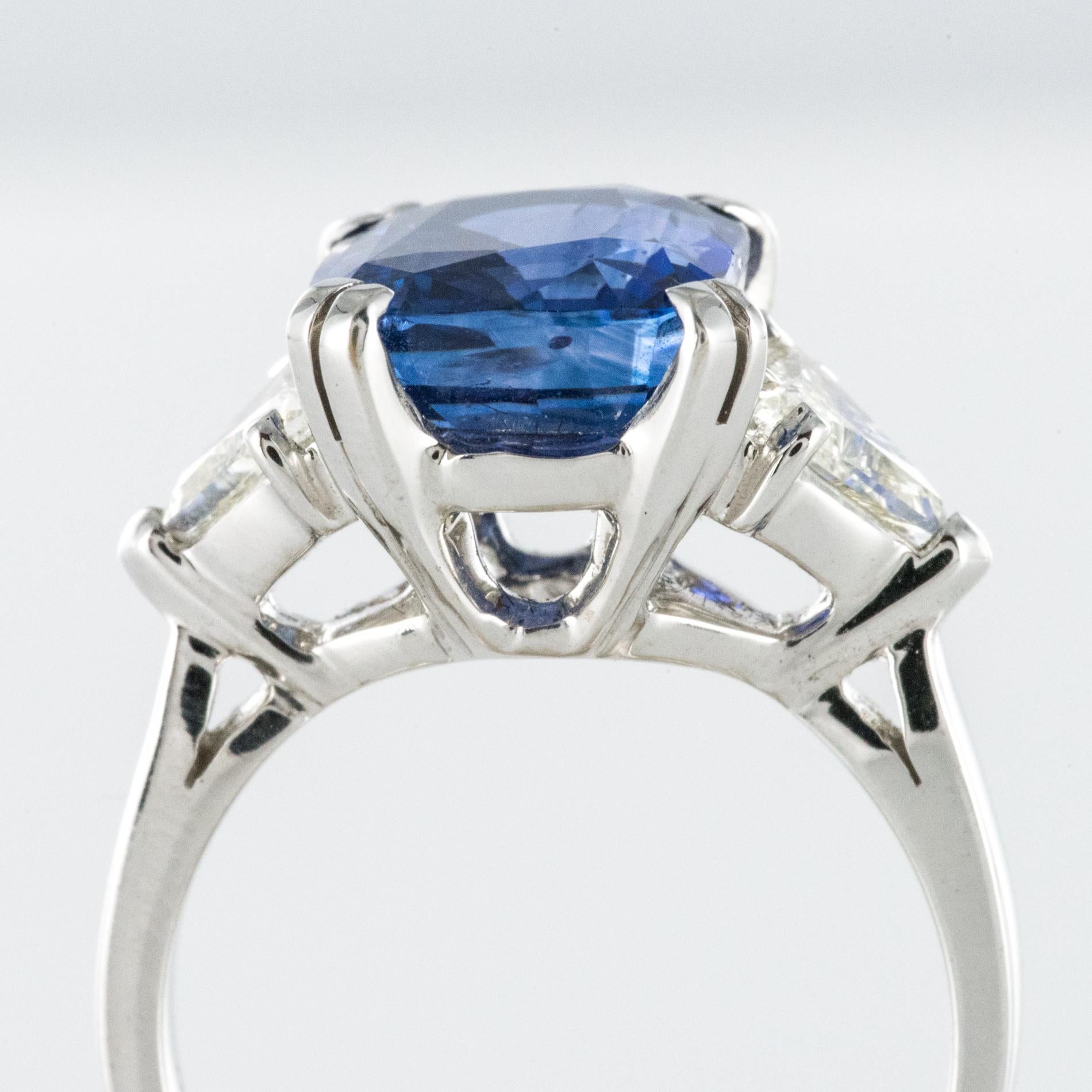 6.27 Carat Cushion Sapphire Trillion Cut Diamond Gold Ring For Sale 5