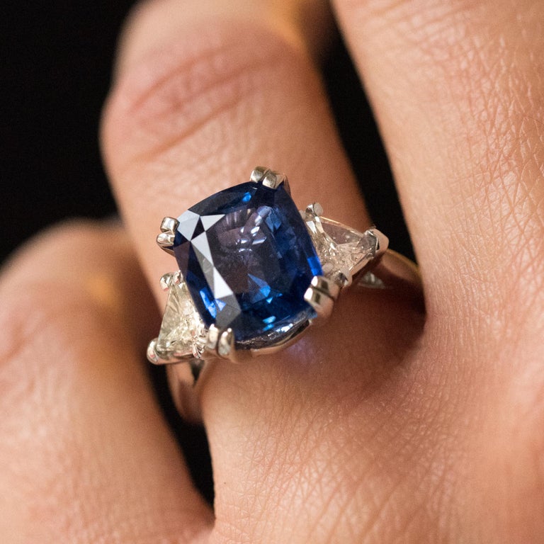 6.27 Carat Cushion Sapphire Trillion Cut Diamond Gold Ring For Sale at ...