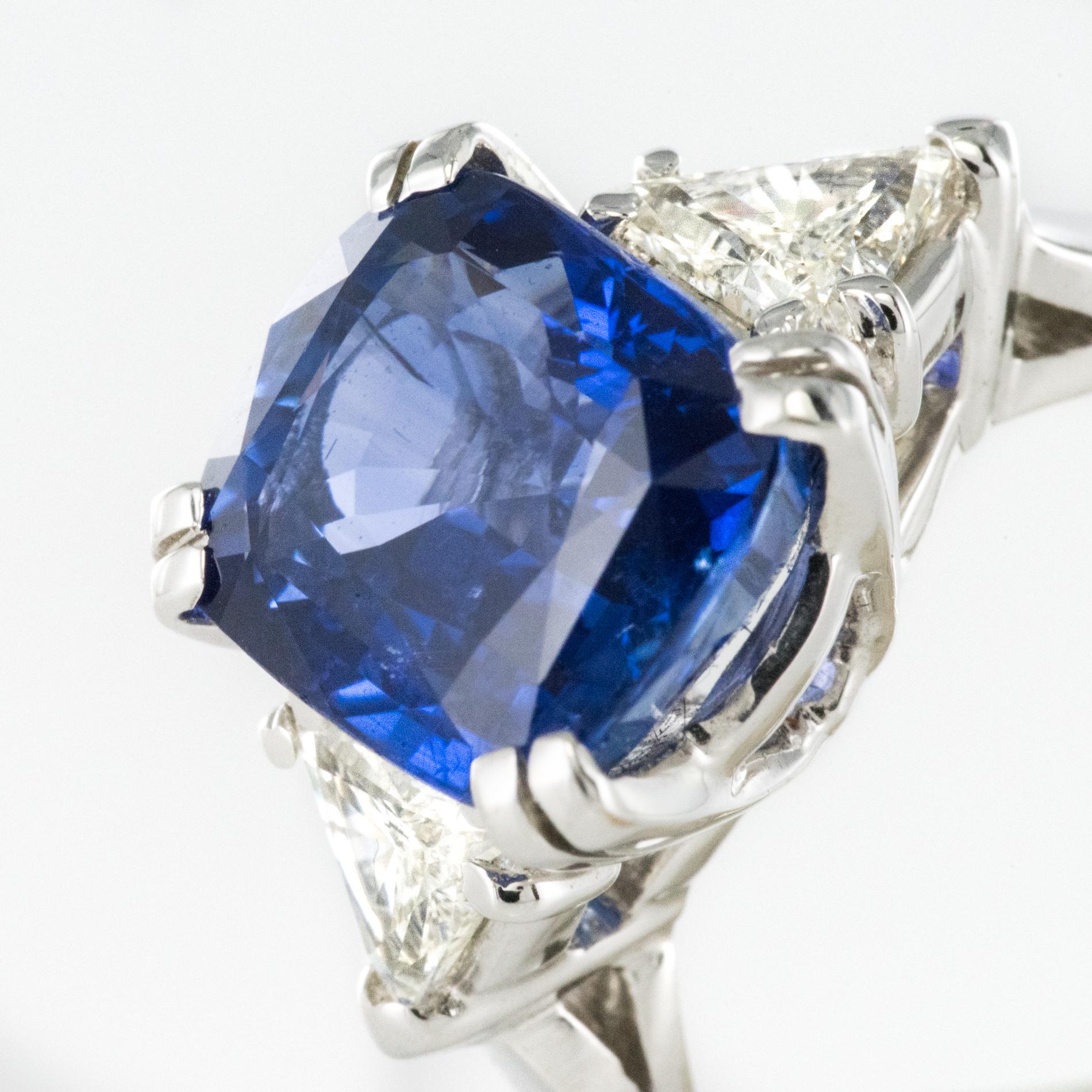 6.27 Carat Cushion Sapphire Trillion Cut Diamond Gold Ring For Sale 6