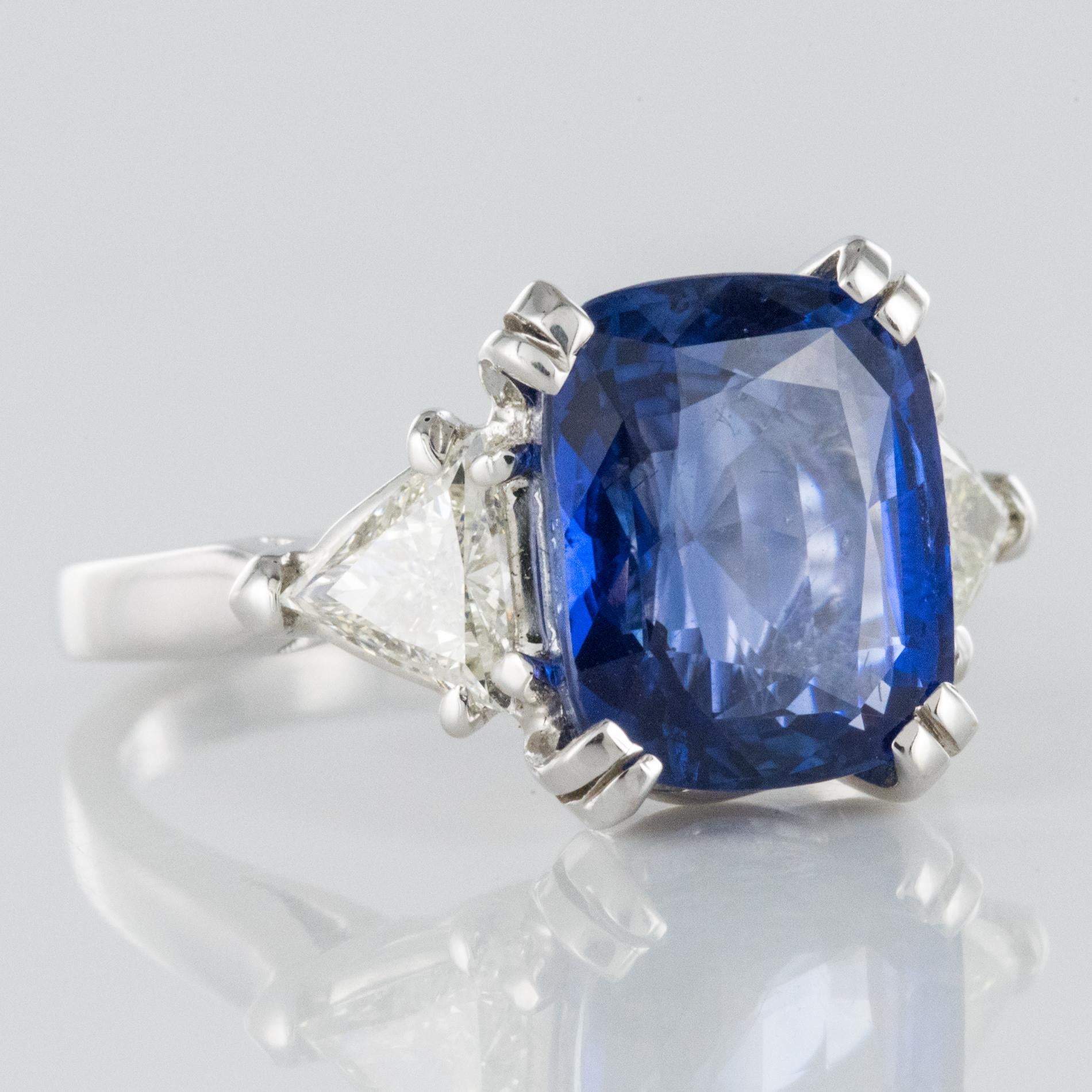 6.27 Carat Cushion Sapphire Trillion Cut Diamond Gold Ring For Sale 10