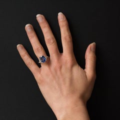 6.27 Carat Cushion Sapphire Trillion Cut Diamond Gold Ring