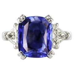 6.27 Carat Cushion Sapphire Trillion Cut Diamond Gold Ring