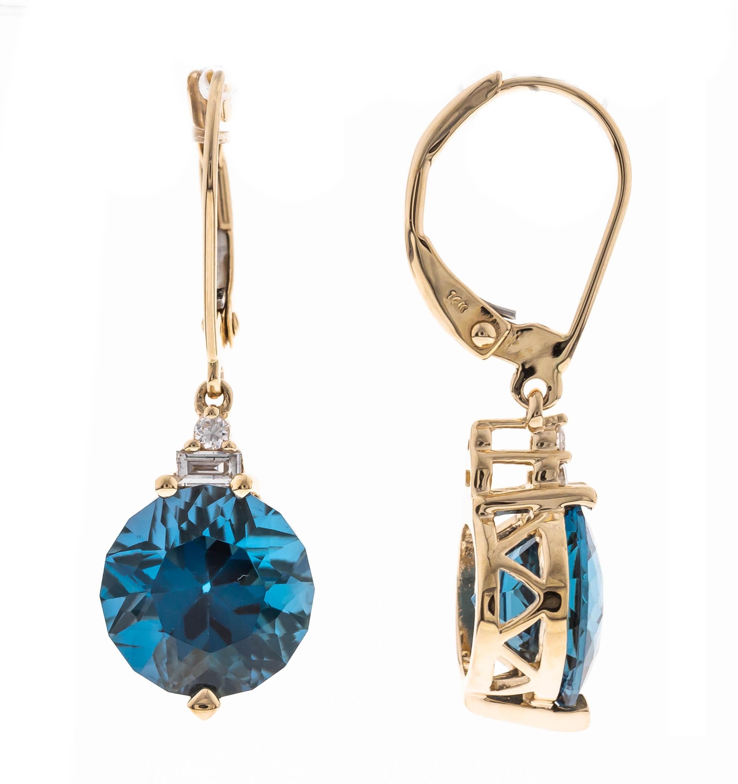 Art Deco 6.27 Carat Fancy-Cut London Blue Topaz Diamond Accents 14K Yellow Gold Earring For Sale